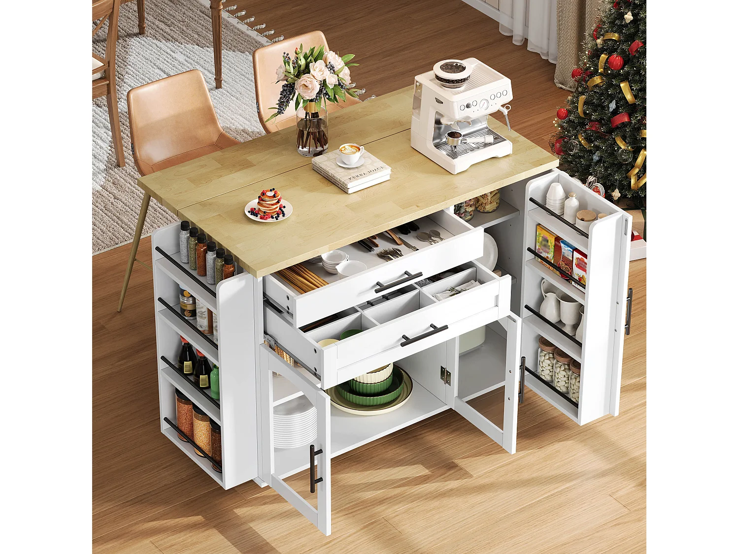 Îlot central de cuisine mobile - table à manger pliable - avec espace de rangement et étagère à épices - avec roulettes - Blanc
