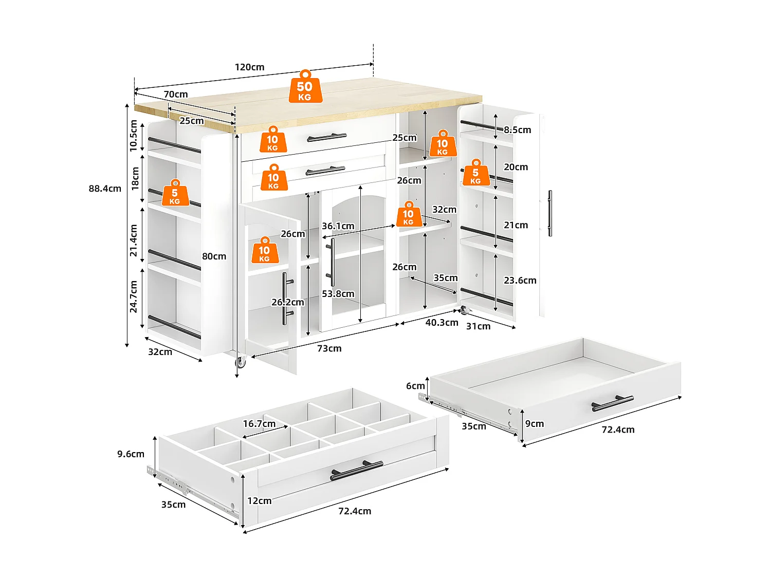 Îlot central de cuisine mobile - table à manger pliable - avec espace de rangement et étagère à épices - avec roulettes - Blanc