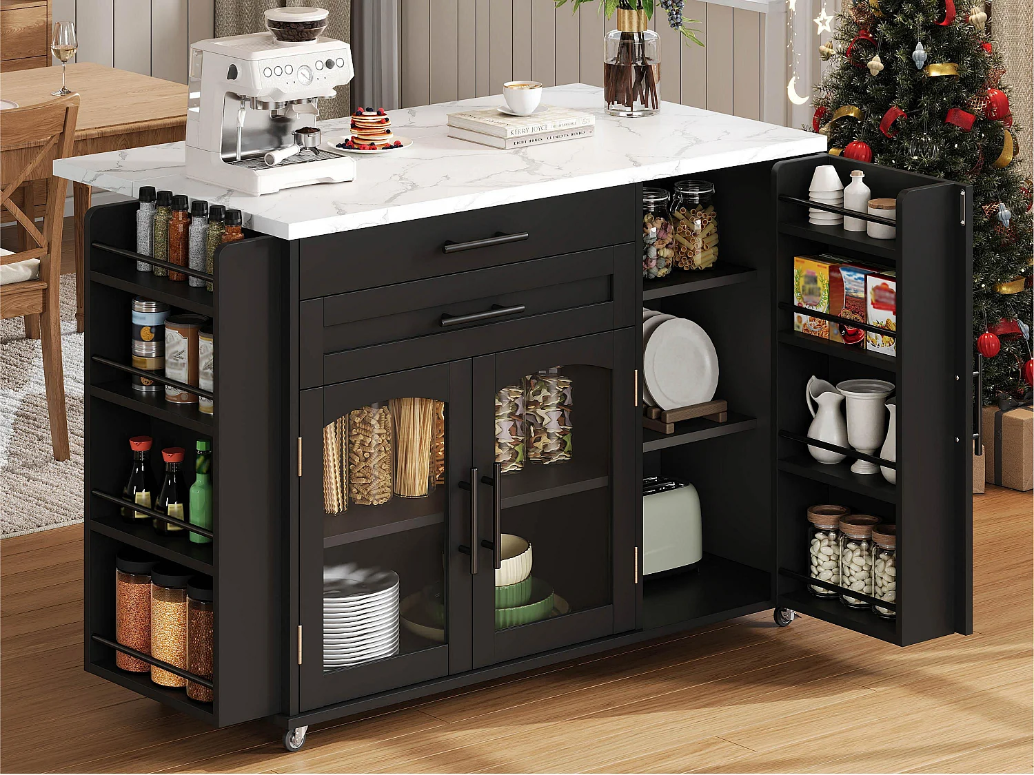 Îlot central de cuisine mobile - table à manger pliable - avec espace de rangement et étagère à épices - avec roulettes - Noir