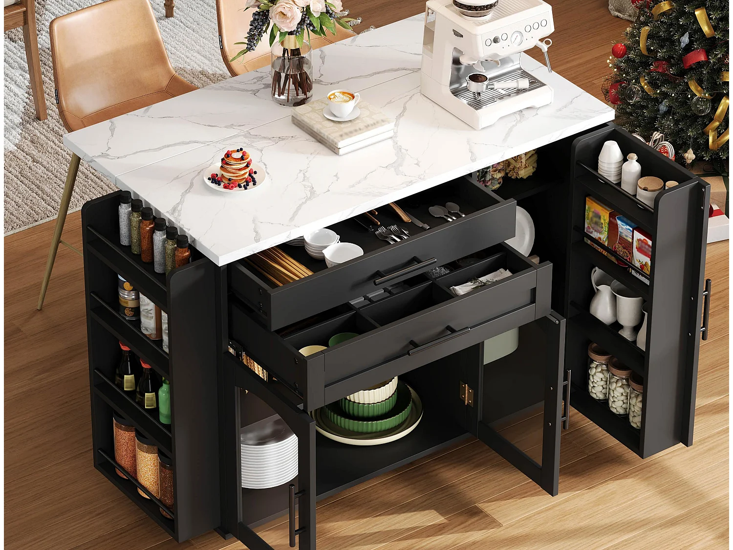 Îlot central de cuisine mobile - table à manger pliable - avec espace de rangement et étagère à épices - avec roulettes - Noir