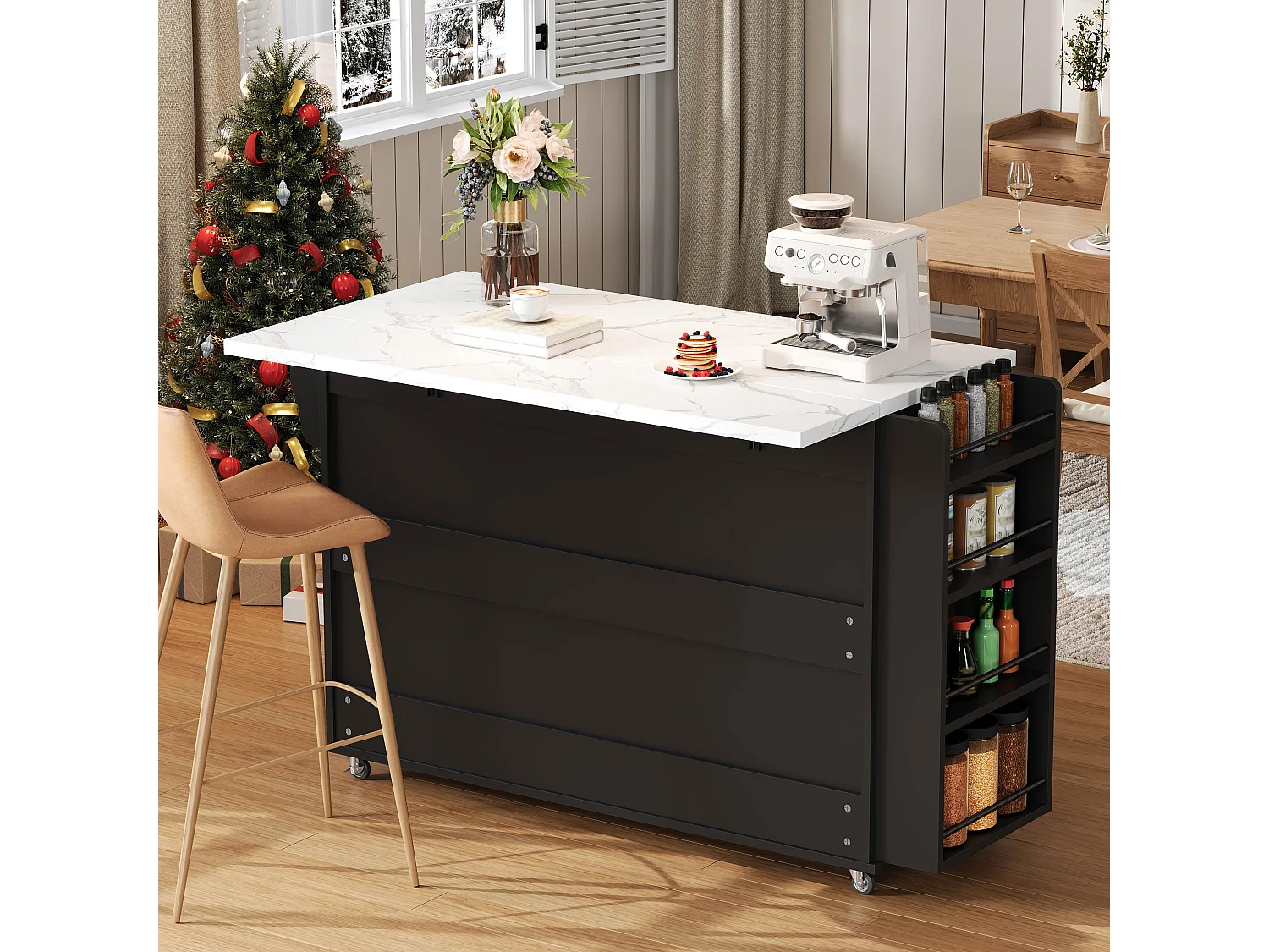 Îlot central de cuisine mobile - table à manger pliable - avec espace de rangement et étagère à épices - avec roulettes - Noir