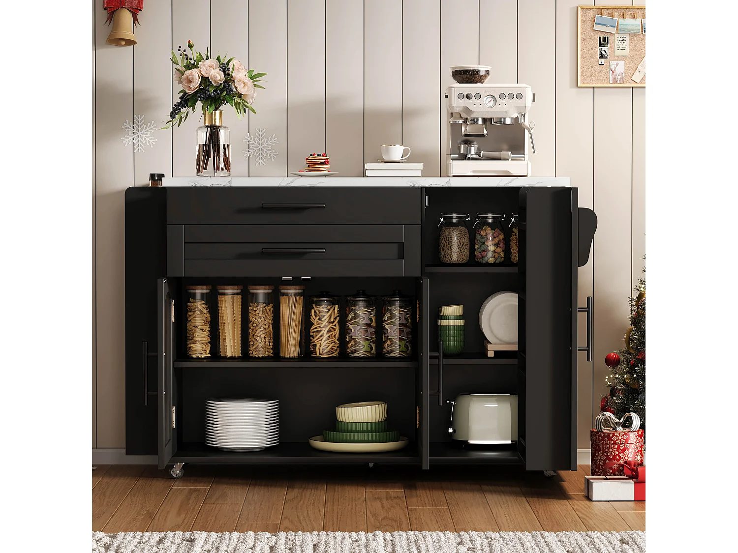 Îlot central de cuisine mobile - table à manger pliable - avec espace de rangement et étagère à épices - avec roulettes - Noir