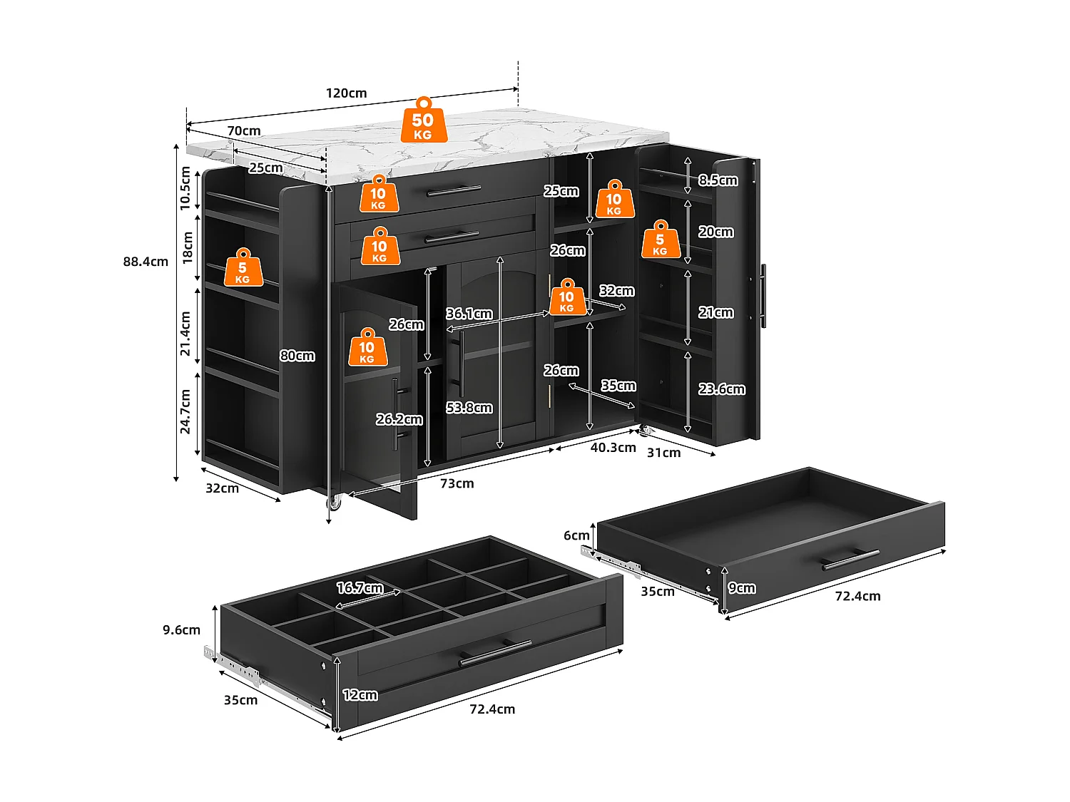 Îlot central de cuisine mobile - table à manger pliable - avec espace de rangement et étagère à épices - avec roulettes - Noir