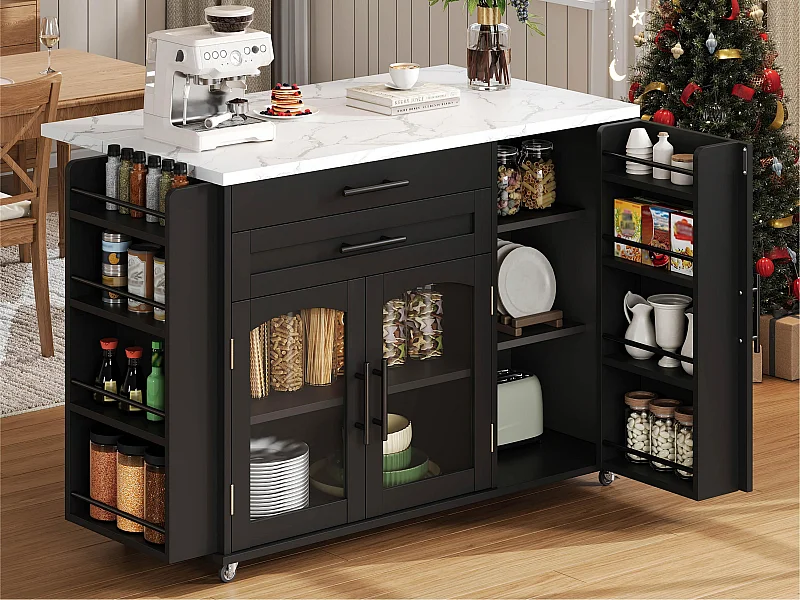 Îlot central de cuisine mobile - table à manger pliable - avec espace de rangement et étagère à épices - avec roulettes - Noir