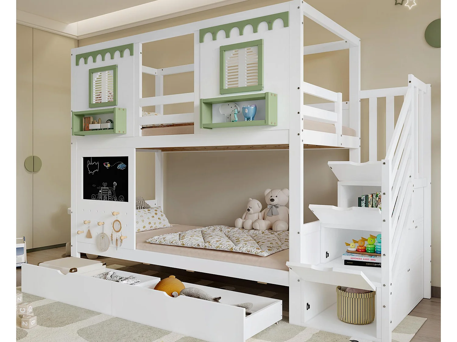 Lit superposé enfant 90x200 cm - avec escalier de rangement - avec tableau noir et panneau perforé - avec 2 tiroirs - blanc + vert (sans matelas)