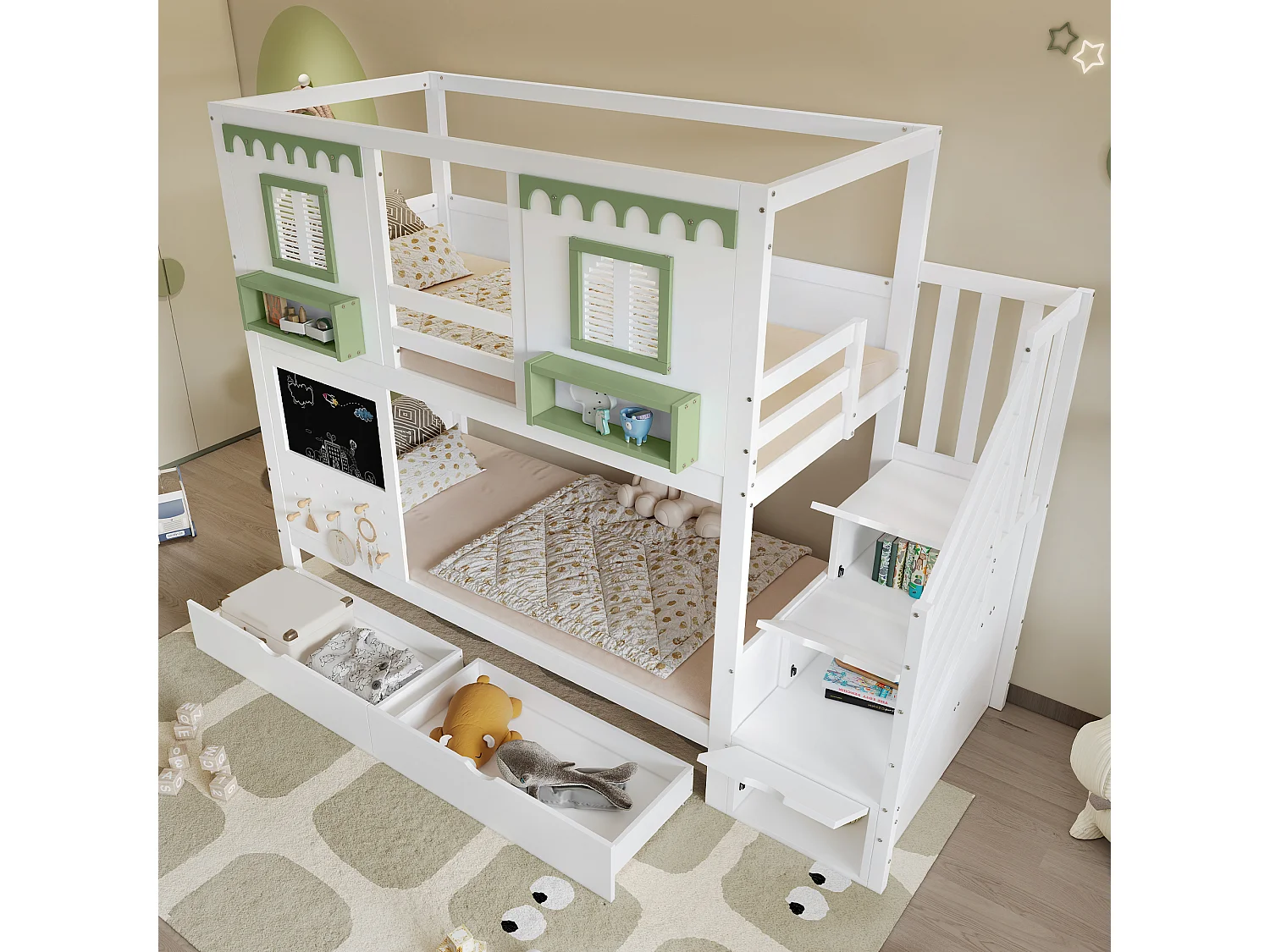 Lit superposé enfant 90x200 cm - avec escalier de rangement - avec tableau noir et panneau perforé - avec 2 tiroirs - blanc + vert (sans matelas)
