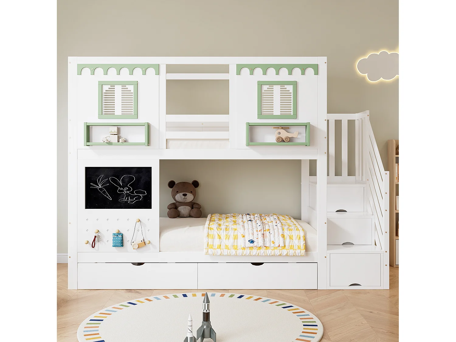 Lit superposé enfant 90x200 cm - avec escalier de rangement - avec tableau noir et panneau perforé - avec 2 tiroirs - blanc + vert (sans matelas)