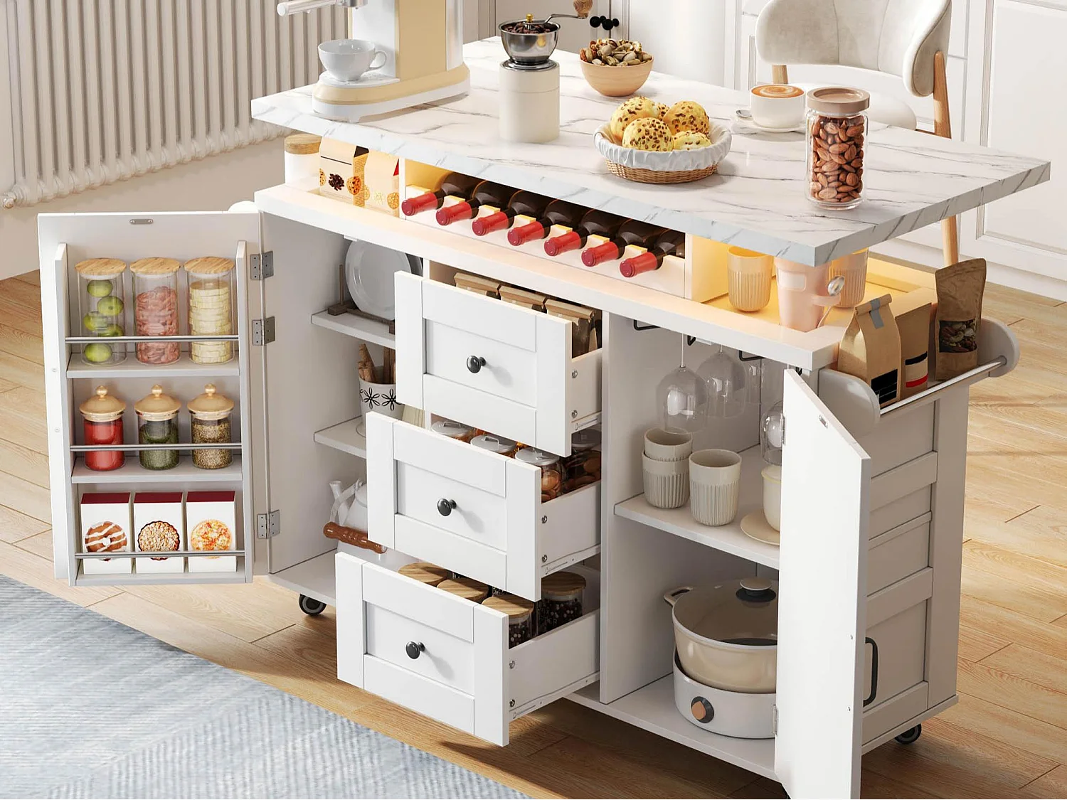 Îlot central de cuisine mobile - table à manger pliable - avec LED - avec 2 portes et 3 tiroirs - avec porte-verres à vin et roulettes - Blanc