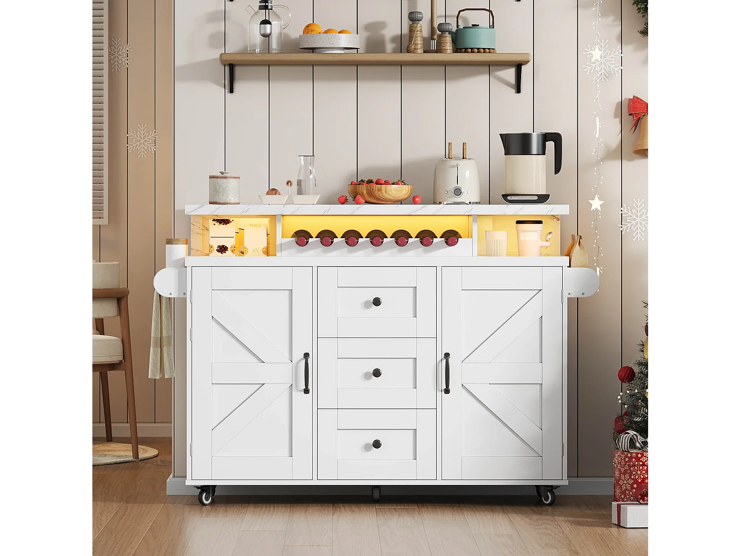 Îlot central de cuisine mobile - table à manger pliable - avec LED - avec 2 portes et 3 tiroirs - avec porte-verres à vin et roulettes - Blanc