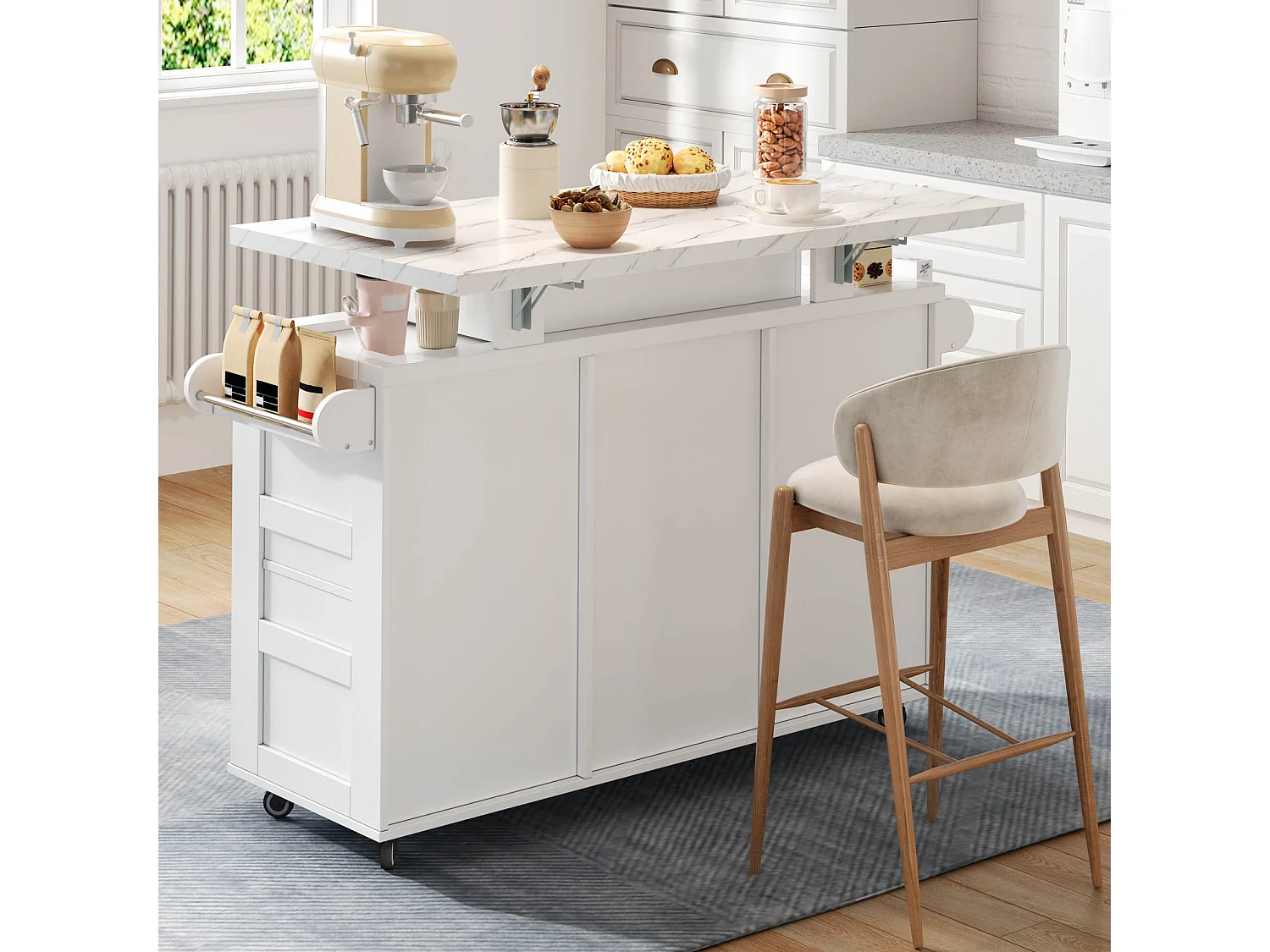 Îlot central de cuisine mobile - table à manger pliable - avec LED - avec 2 portes et 3 tiroirs - avec porte-verres à vin et roulettes - Blanc