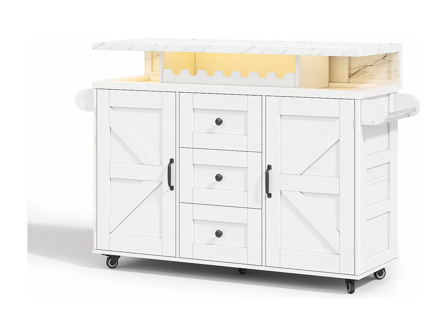 Îlot central de cuisine mobile - table à manger pliable - avec LED - avec 2 portes et 3 tiroirs - avec porte-verres à vin et roulettes - Blanc