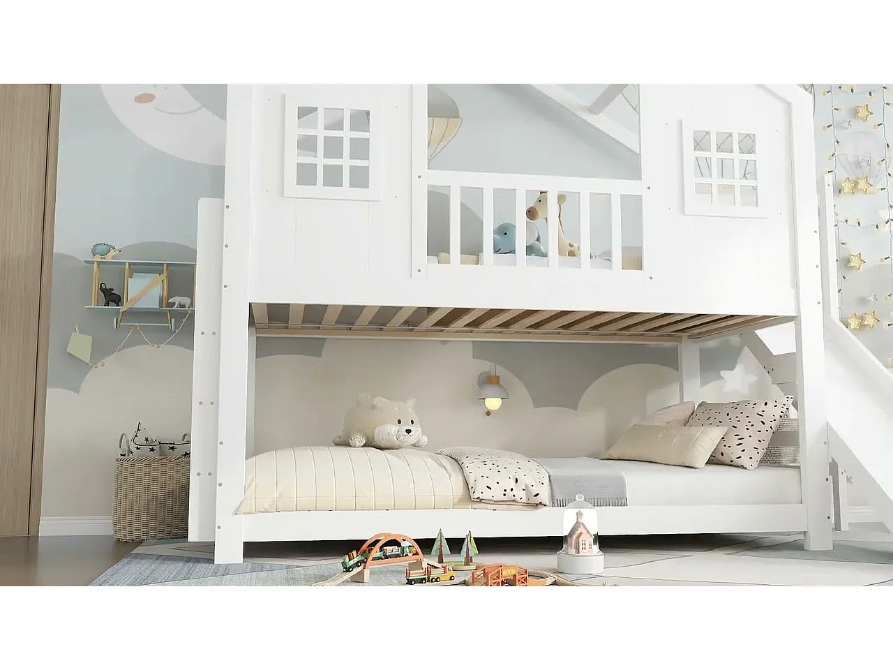 Lit superposé enfant 90x200 cm - avec toboggan et échelle - avec toit et fenêtres - bois massif + MDF - blanc (sans matelas)