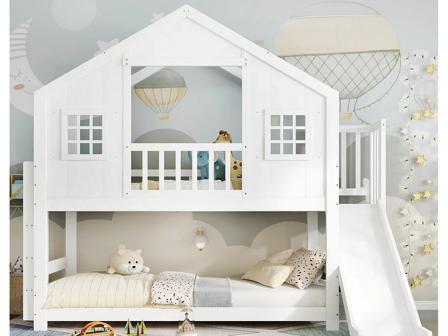 Lit superposé enfant 90x200 cm - avec toboggan et échelle - avec toit et fenêtres - bois massif + MDF - blanc (sans matelas)