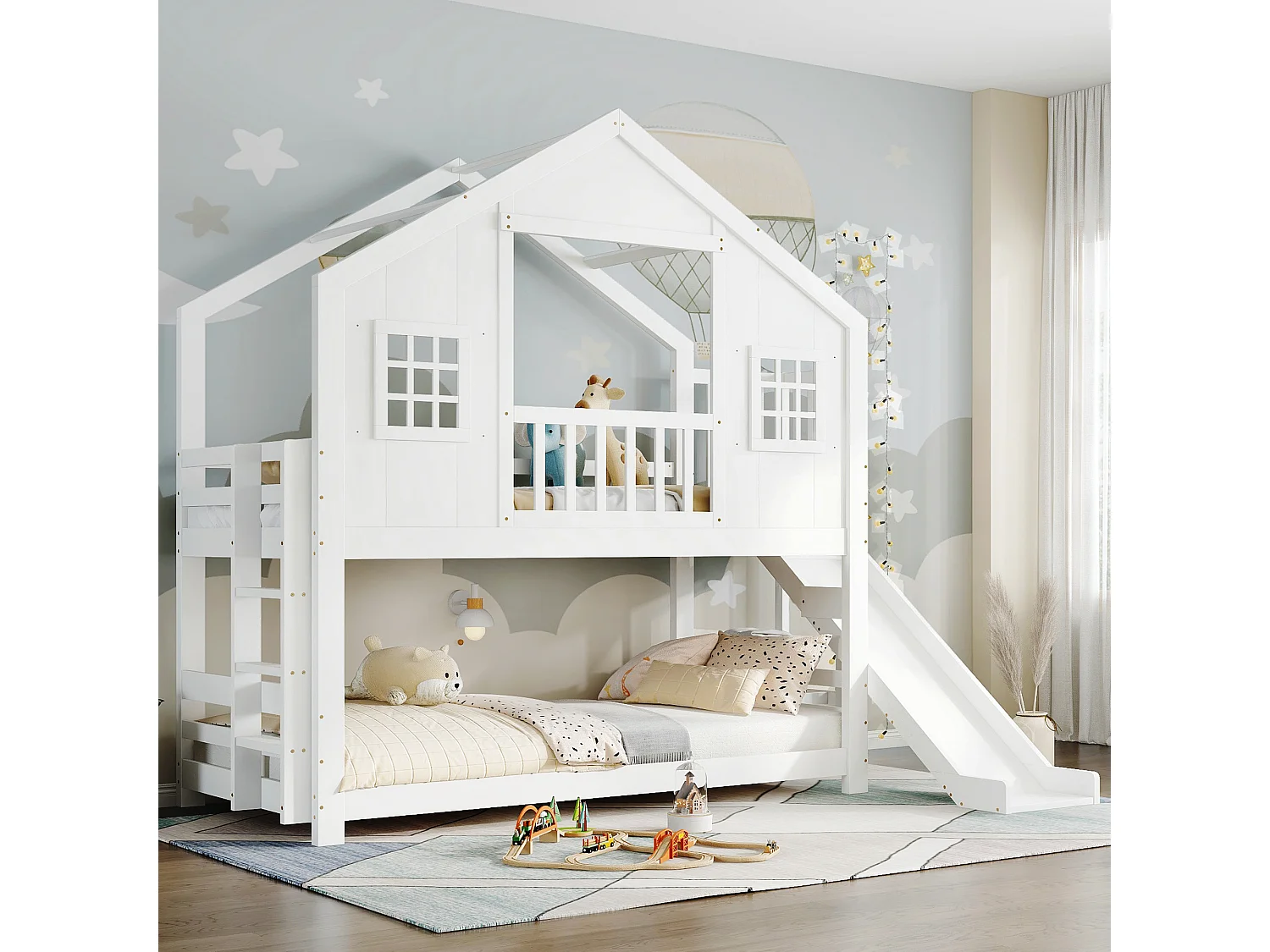 Lit superposé enfant 90x200 cm - avec toboggan et échelle - avec toit et fenêtres - bois massif + MDF - blanc (sans matelas)