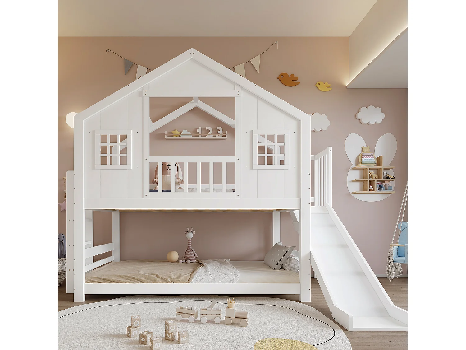 Lit superposé enfant 90x200 cm - avec toboggan et échelle - avec toit et fenêtres - bois massif + MDF - blanc (sans matelas)