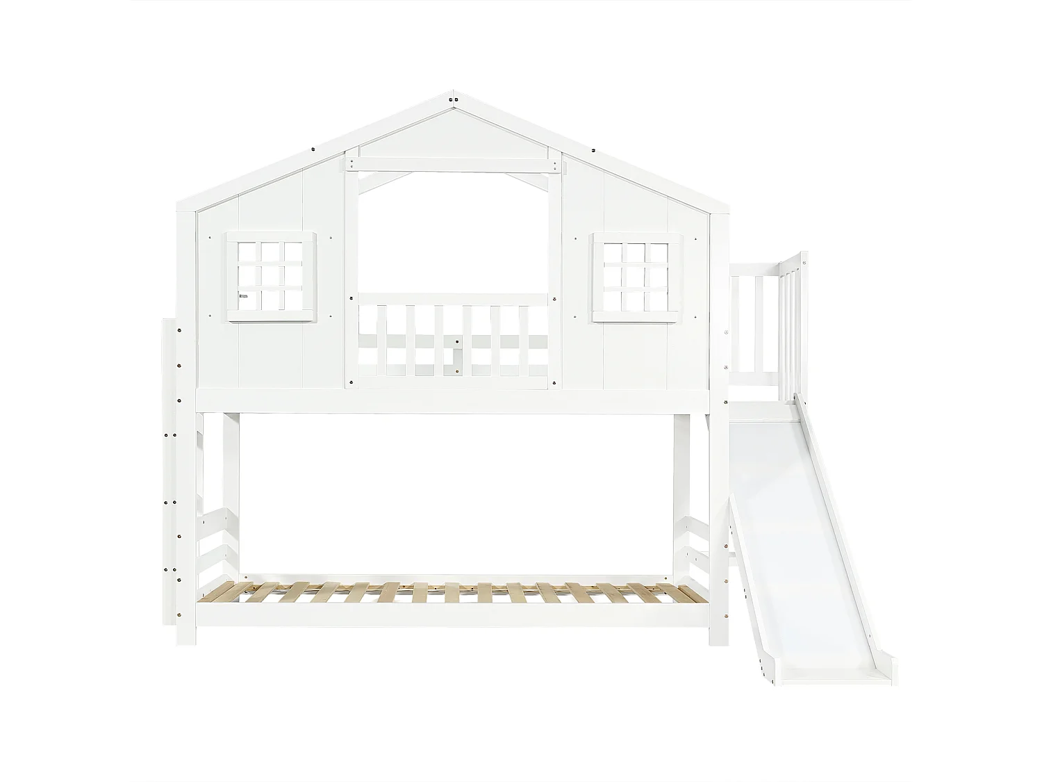 Lit superposé enfant 90x200 cm - avec toboggan et échelle - avec toit et fenêtres - bois massif + MDF - blanc (sans matelas)