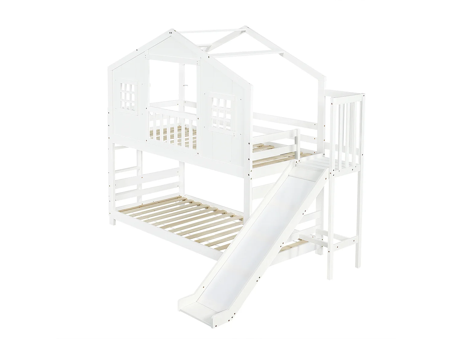 Lit superposé enfant 90x200 cm - avec toboggan et échelle - avec toit et fenêtres - bois massif + MDF - blanc (sans matelas)