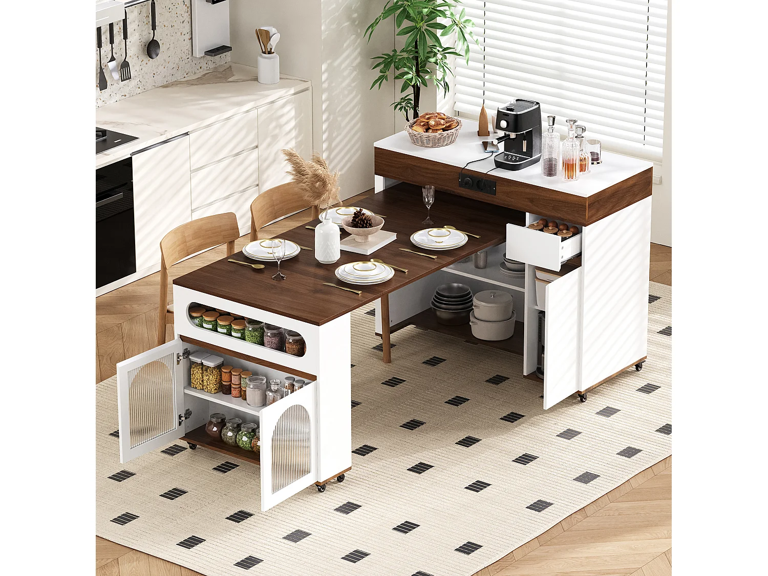 Îlot central de cuisine - table à manger extensible - avec prise de courant - avec roulettes et espace de rangement - avec crochet - Marron+Blanc