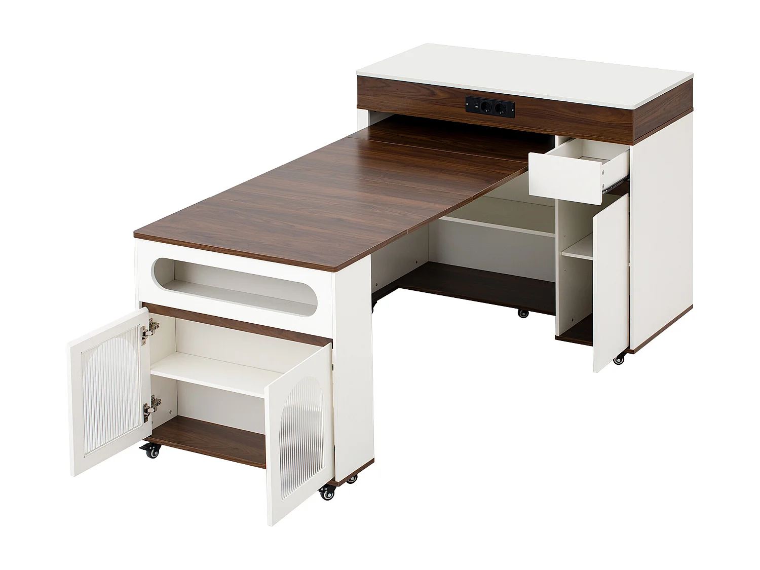 Îlot central de cuisine - table à manger extensible - avec prise de courant - avec roulettes et espace de rangement - avec crochet - Marron+Blanc