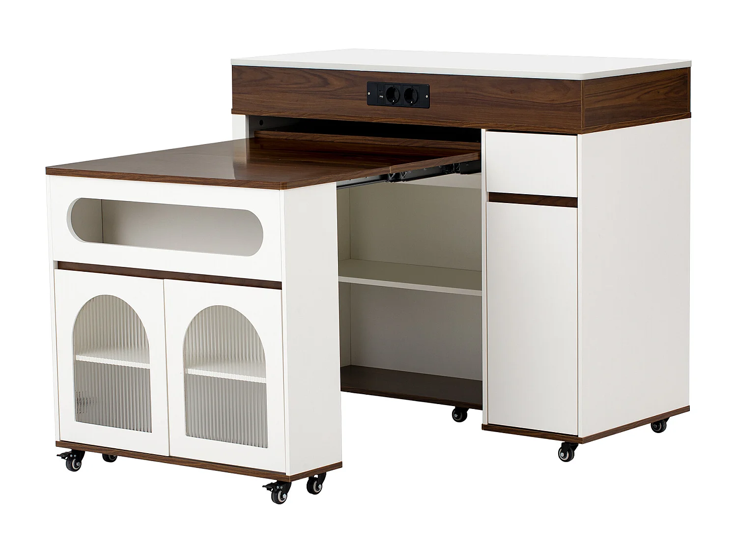 Îlot central de cuisine - table à manger extensible - avec prise de courant - avec roulettes et espace de rangement - avec crochet - Marron+Blanc