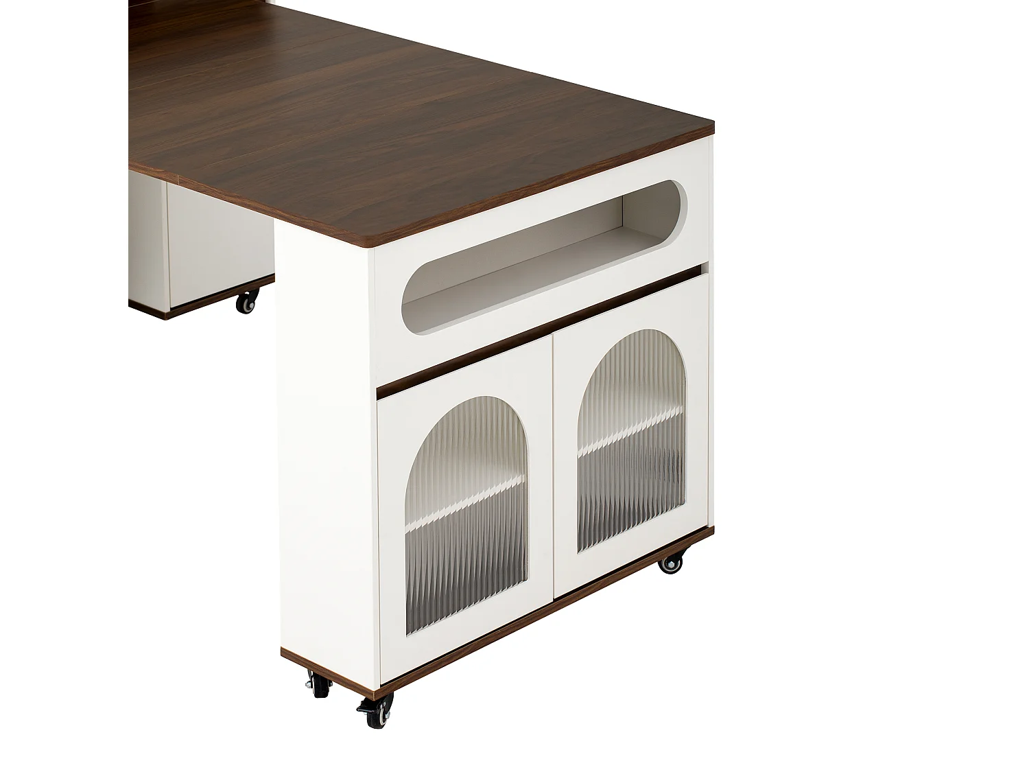 Îlot central de cuisine - table à manger extensible - avec prise de courant - avec roulettes et espace de rangement - avec crochet - Marron+Blanc