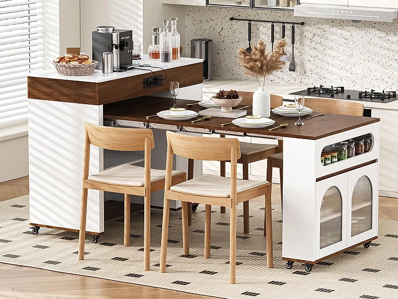 Îlot central de cuisine - table à manger extensible - avec prise de courant - avec roulettes et espace de rangement - avec crochet - Marron+Blanc