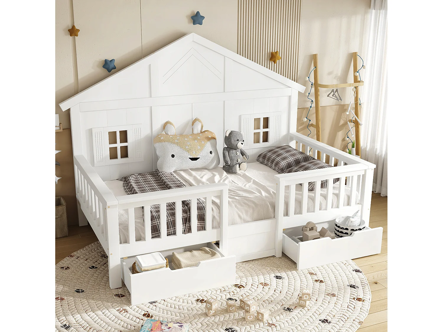 Lit enfant 90x200 cm - avec 2 tiroirs - avec des balustrades et des fenêtres - bois massif + MDF - Blanc (sans matelas)