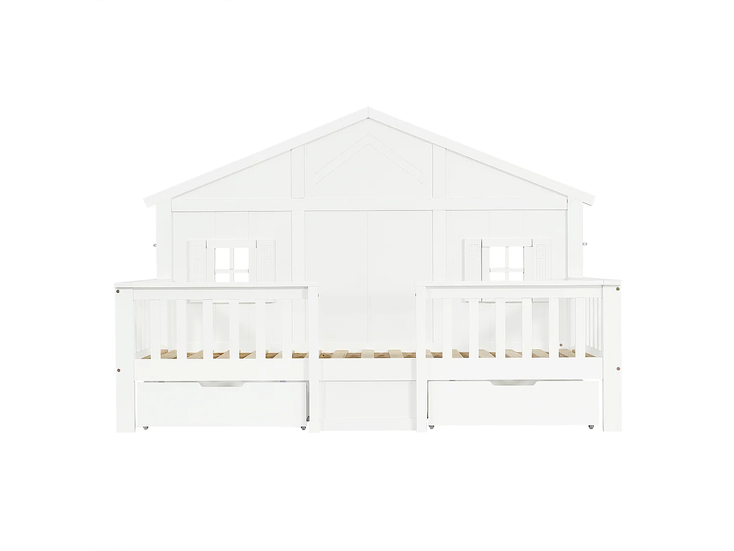 Lit enfant 90x200 cm - avec 2 tiroirs - avec des balustrades et des fenêtres - bois massif + MDF - Blanc (sans matelas)