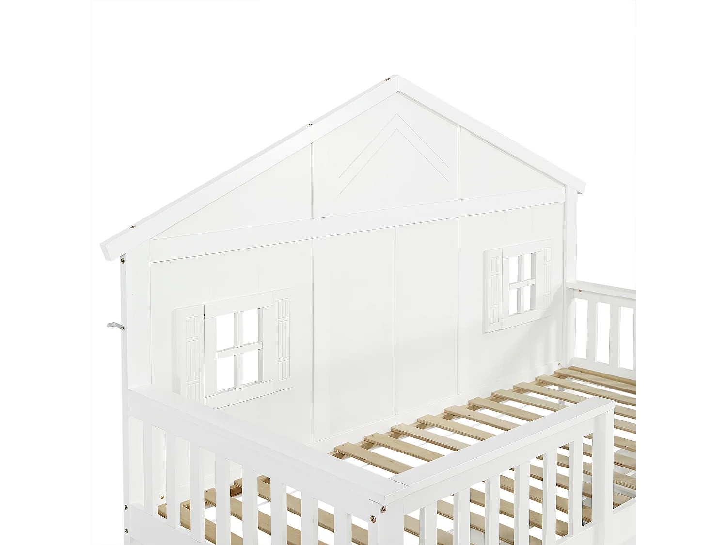 Lit enfant 90x200 cm - avec 2 tiroirs - avec des balustrades et des fenêtres - bois massif + MDF - Blanc (sans matelas)
