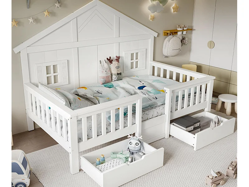 Lit enfant 90x200 cm - avec 2 tiroirs - avec des balustrades et des fenêtres - bois massif + MDF - Blanc (sans matelas)