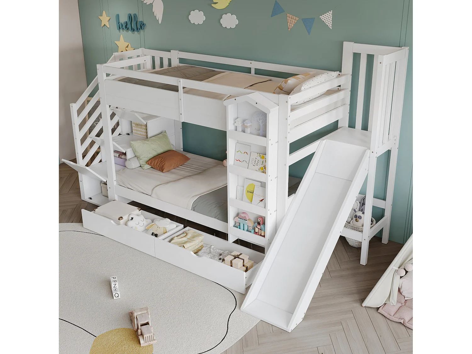 Lit superposé enfant 90x200 cm - avec escalier de rangement et toboggan - avec une bibliothèque illustrée - avec 2 tiroirs - blanc (sans matelas)