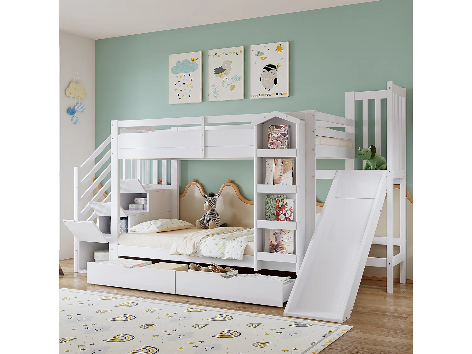 Lit superposé enfant 90x200 cm - avec escalier de rangement et toboggan - avec une bibliothèque illustrée - avec 2 tiroirs - blanc (sans matelas)