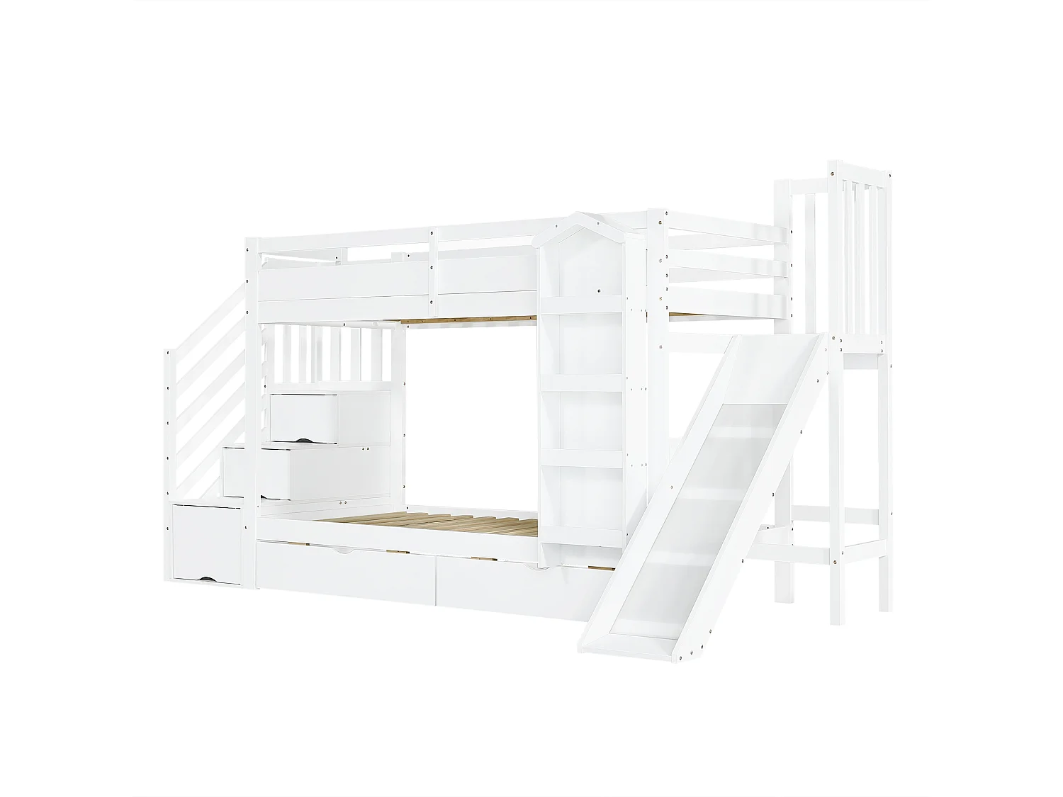 Lit superposé enfant 90x200 cm - avec escalier de rangement et toboggan - avec une bibliothèque illustrée - avec 2 tiroirs - blanc (sans matelas)