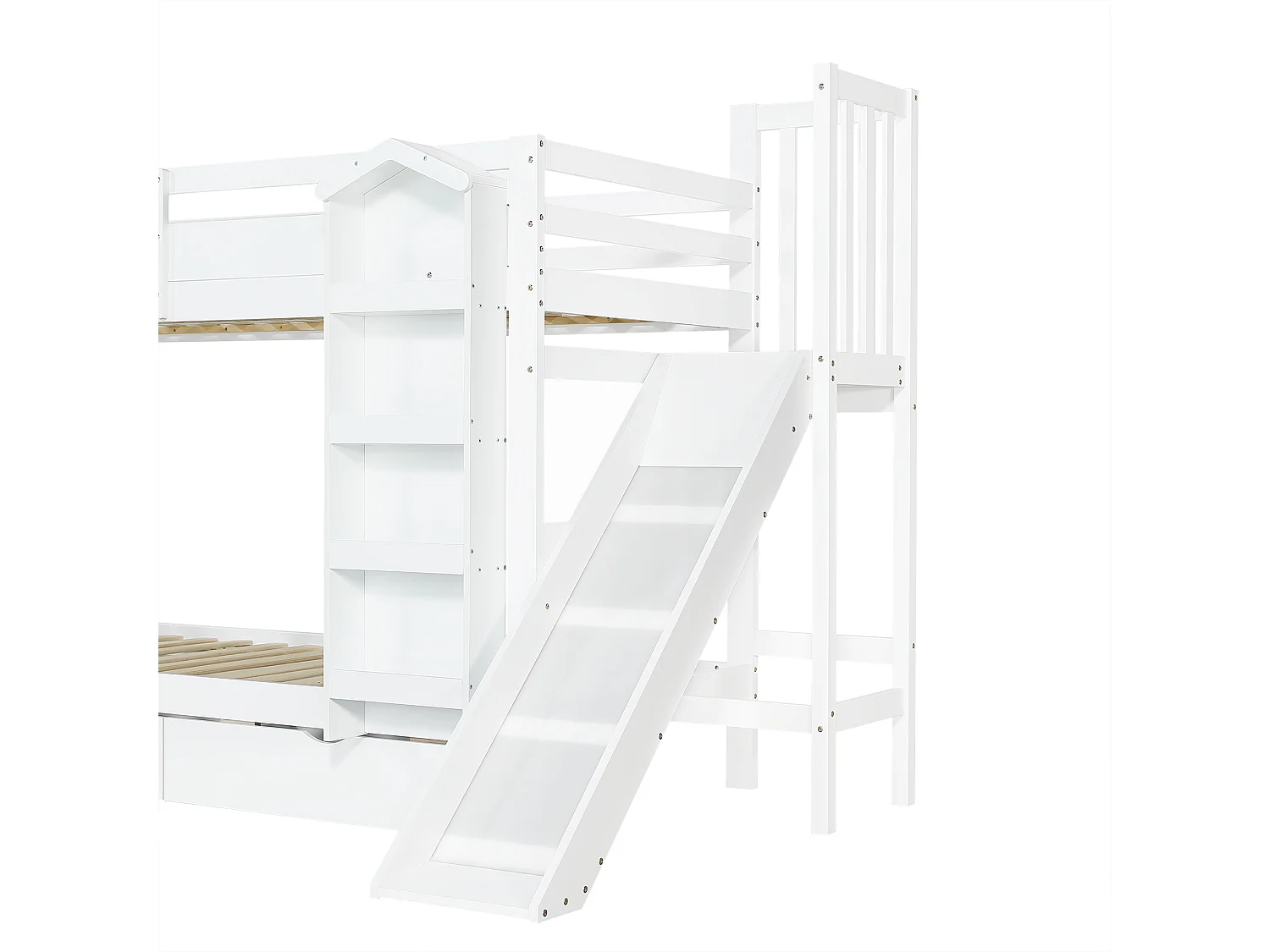 Lit superposé enfant 90x200 cm - avec escalier de rangement et toboggan - avec une bibliothèque illustrée - avec 2 tiroirs - blanc (sans matelas)