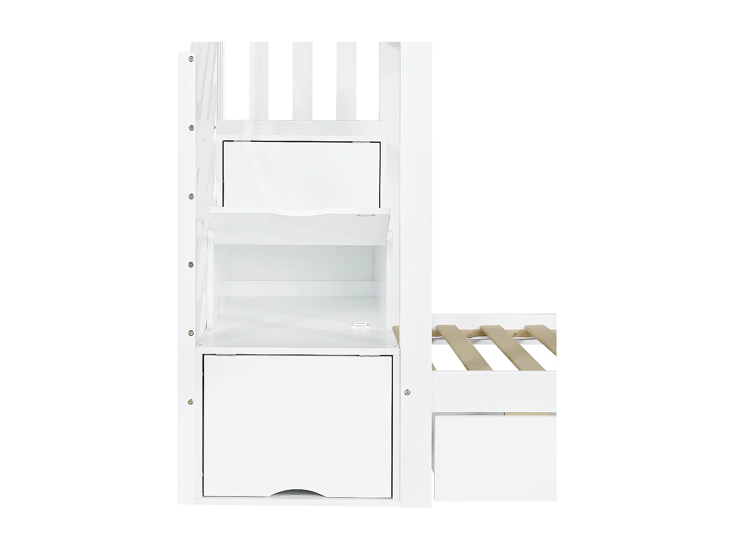 Lit superposé enfant 90x200 cm - avec escalier de rangement et toboggan - avec une bibliothèque illustrée - avec 2 tiroirs - blanc (sans matelas)