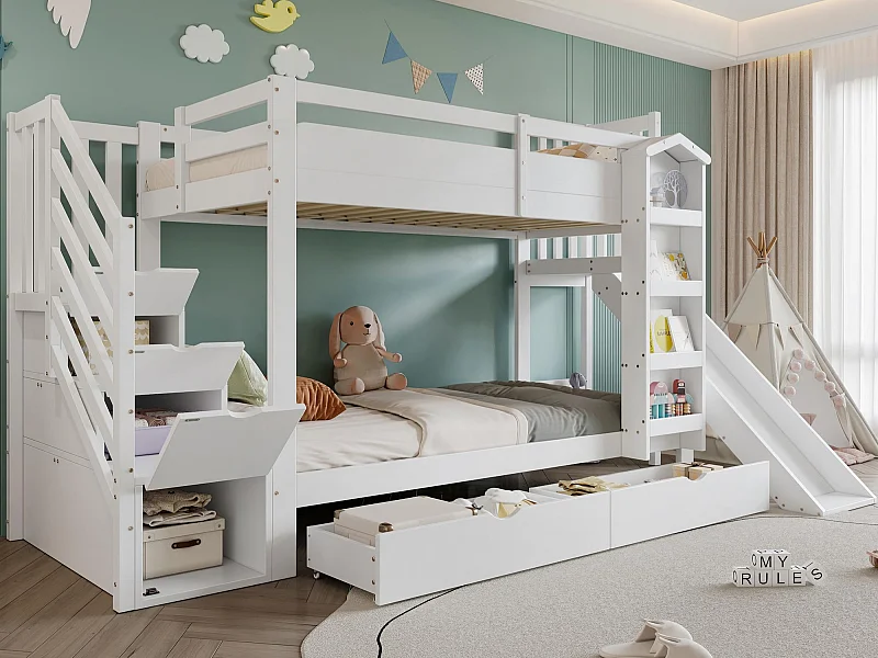 Lit superposé enfant 90x200 cm - avec escalier de rangement et toboggan - avec une bibliothèque illustrée - avec 2 tiroirs - blanc (sans matelas)