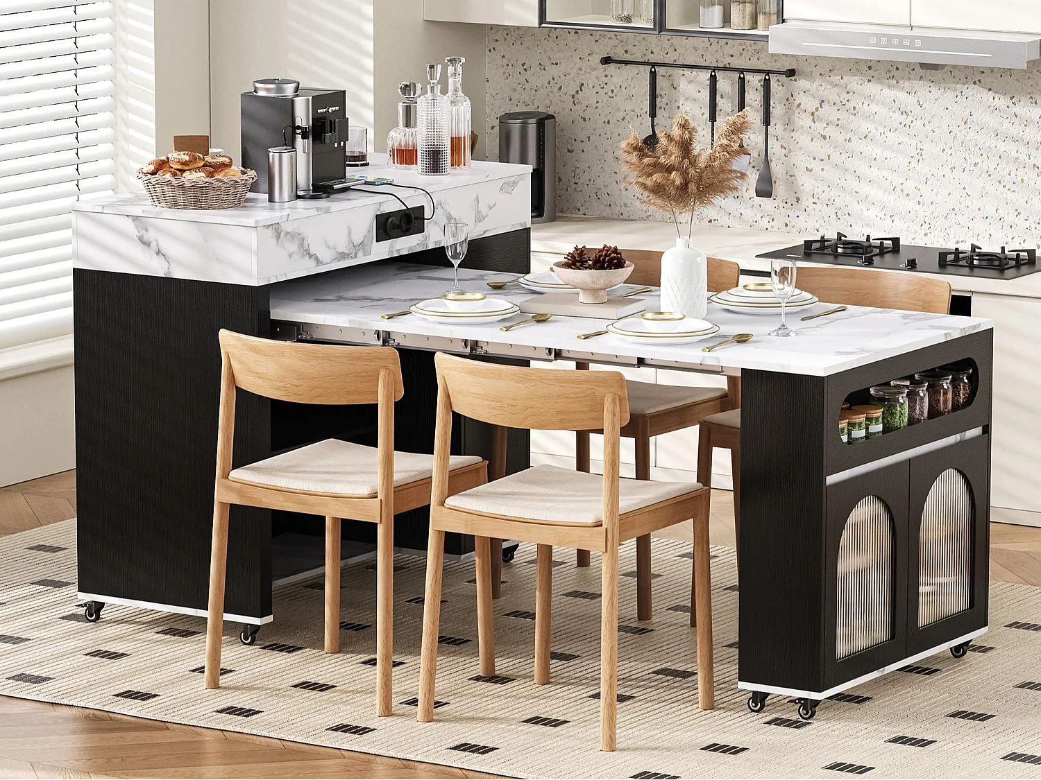 Îlot central de cuisine - table à manger extensible - avec prise de courant - avec roulettes et espace de rangement - avec crochet - Noir+Blanc