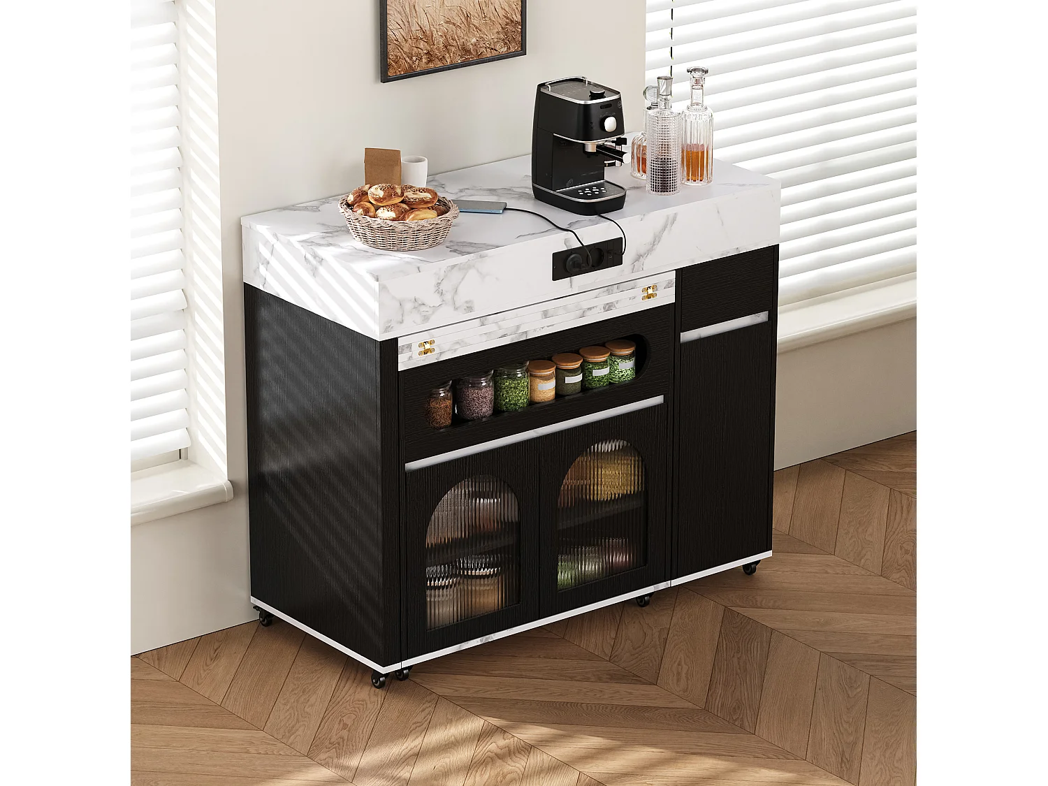 Îlot central de cuisine - table à manger extensible - avec prise de courant - avec roulettes et espace de rangement - avec crochet - Noir+Blanc