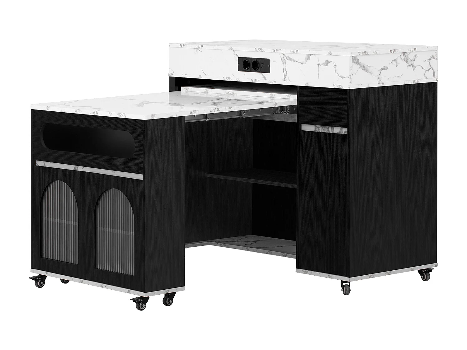 Îlot central de cuisine - table à manger extensible - avec prise de courant - avec roulettes et espace de rangement - avec crochet - Noir+Blanc