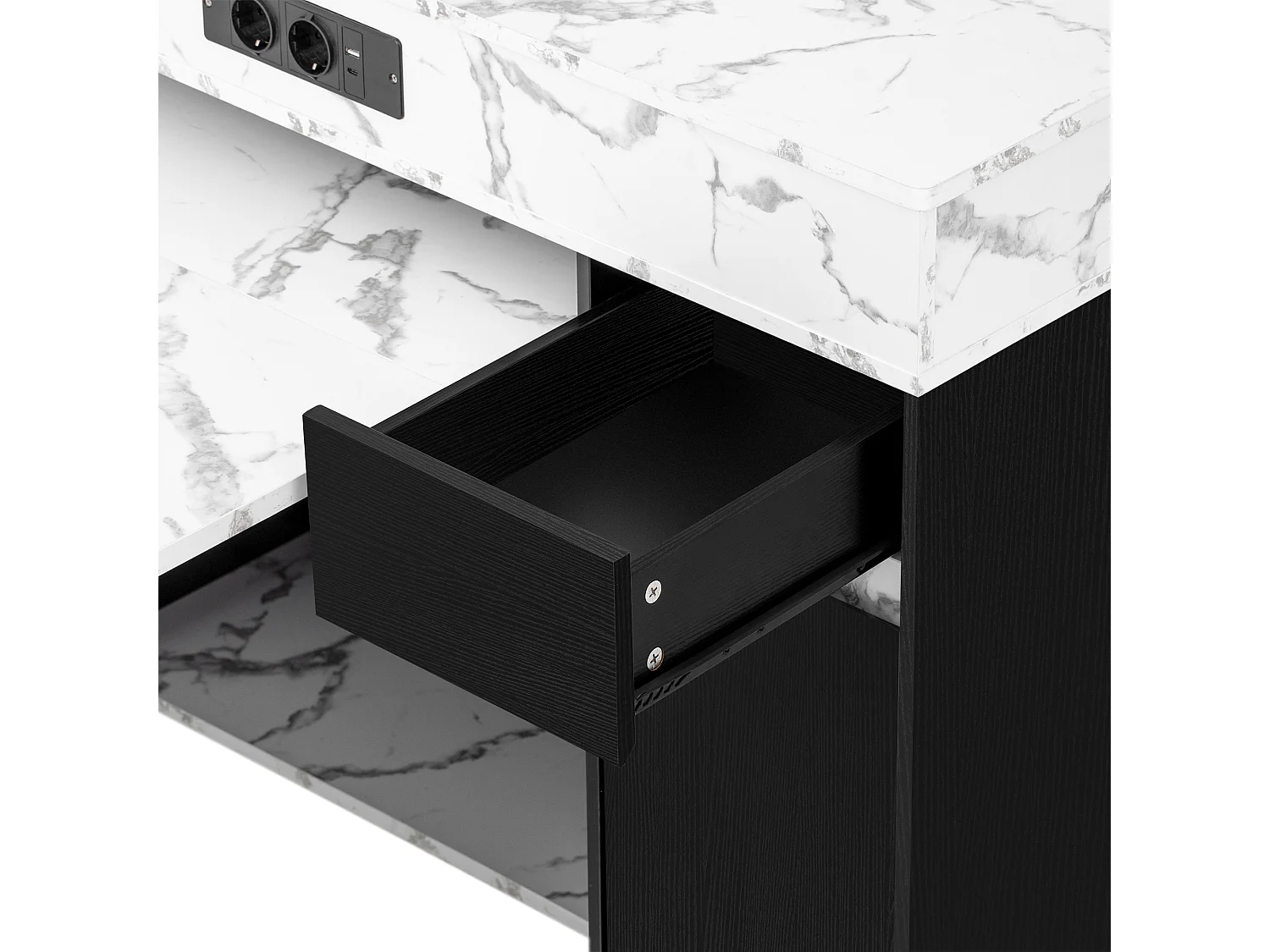 Îlot central de cuisine - table à manger extensible - avec prise de courant - avec roulettes et espace de rangement - avec crochet - Noir+Blanc