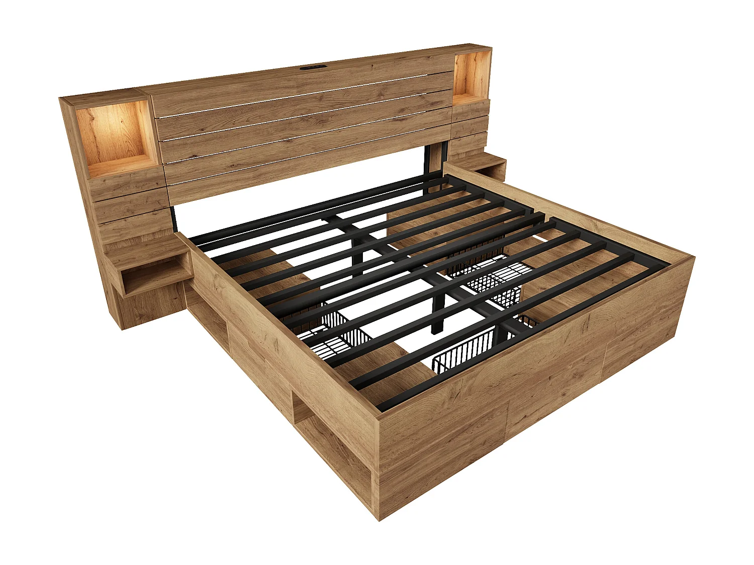 Lit adulte 180×200cm en bois + MDF - avec table de chevet suspendue - avec LED + prises chargement - avec espace de rangement - Naturel