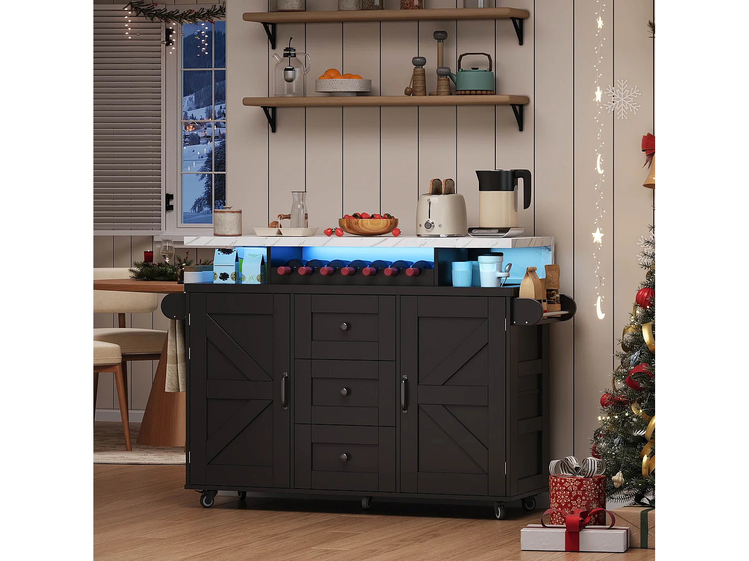 Îlot central de cuisine mobile - table à manger pliable - avec LED - avec 2 portes et 3 tiroirs - avec porte-verres à vin et roulettes - Noir