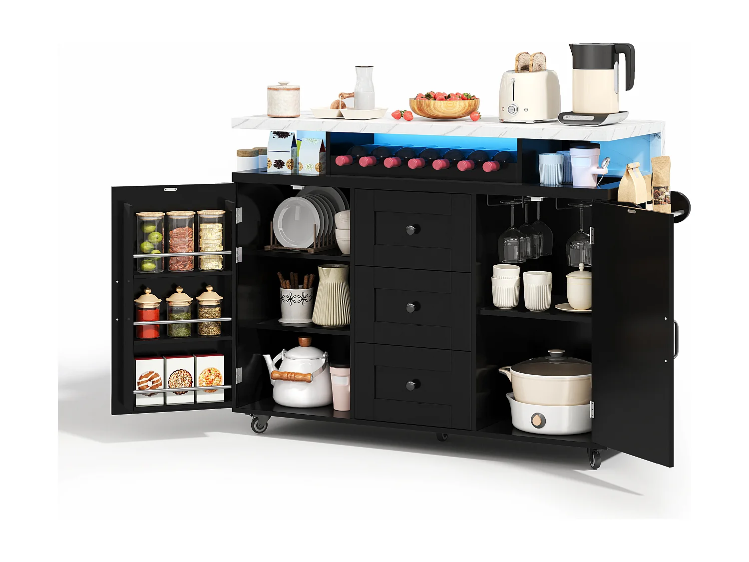 Îlot central de cuisine mobile - table à manger pliable - avec LED - avec 2 portes et 3 tiroirs - avec porte-verres à vin et roulettes - Noir