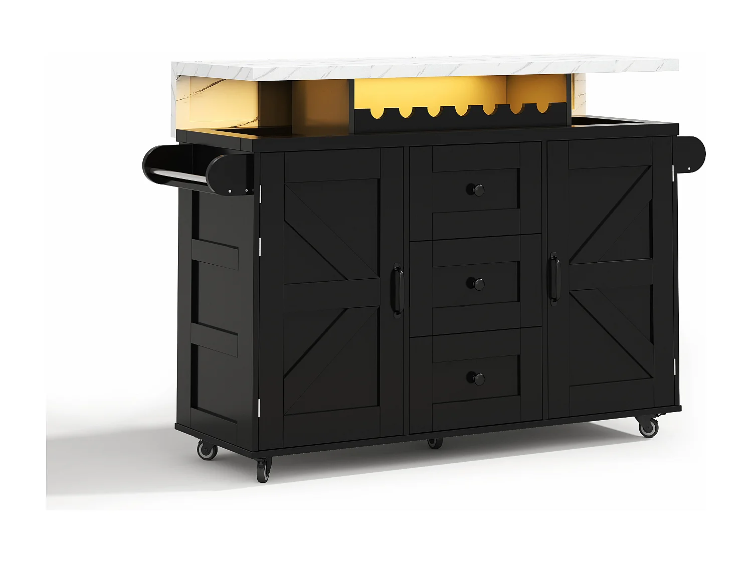 Îlot central de cuisine mobile - table à manger pliable - avec LED - avec 2 portes et 3 tiroirs - avec porte-verres à vin et roulettes - Noir