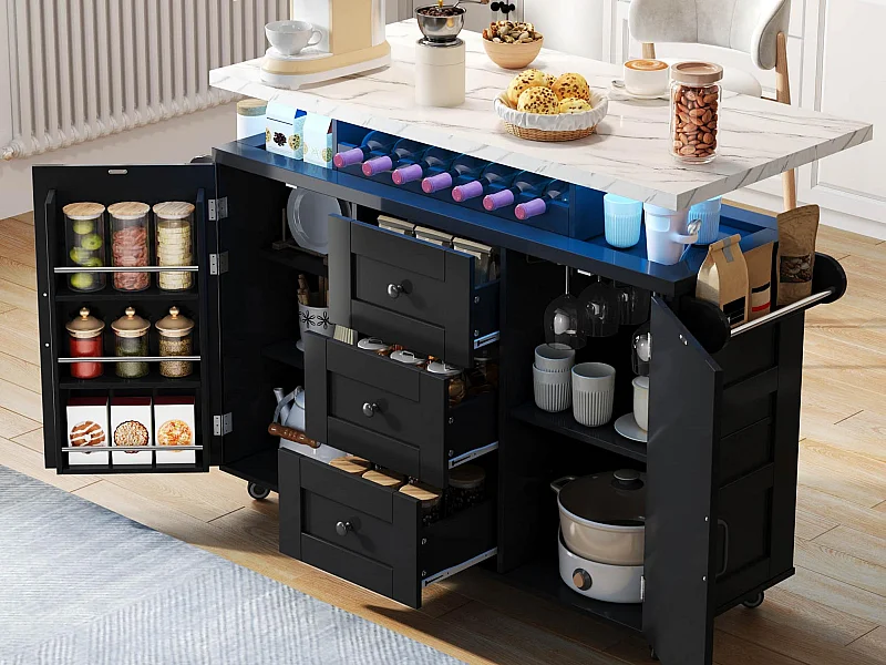 Îlot central de cuisine mobile - table à manger pliable - avec LED - avec 2 portes et 3 tiroirs - avec porte-verres à vin et roulettes - Noir
