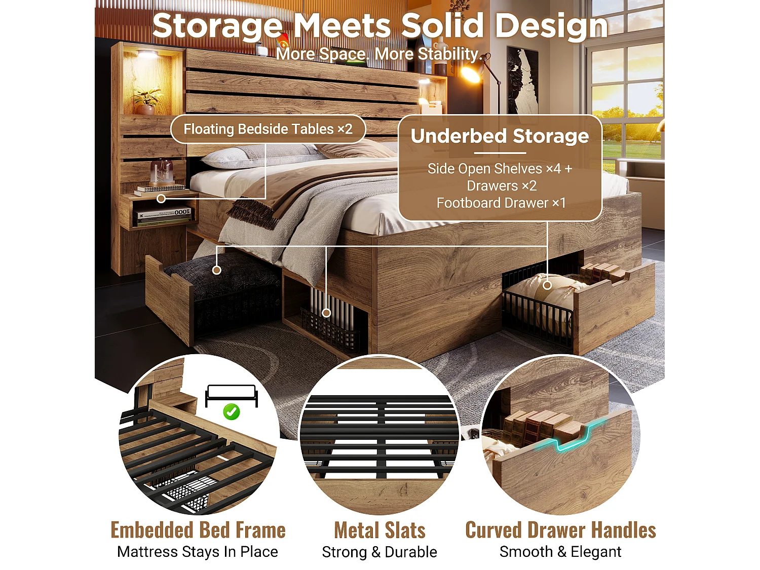 Lit adulte 160×200cm en bois + MDF - avec table de chevet suspendue - avec LED + prises chargement - avec espace de rangement - Naturel