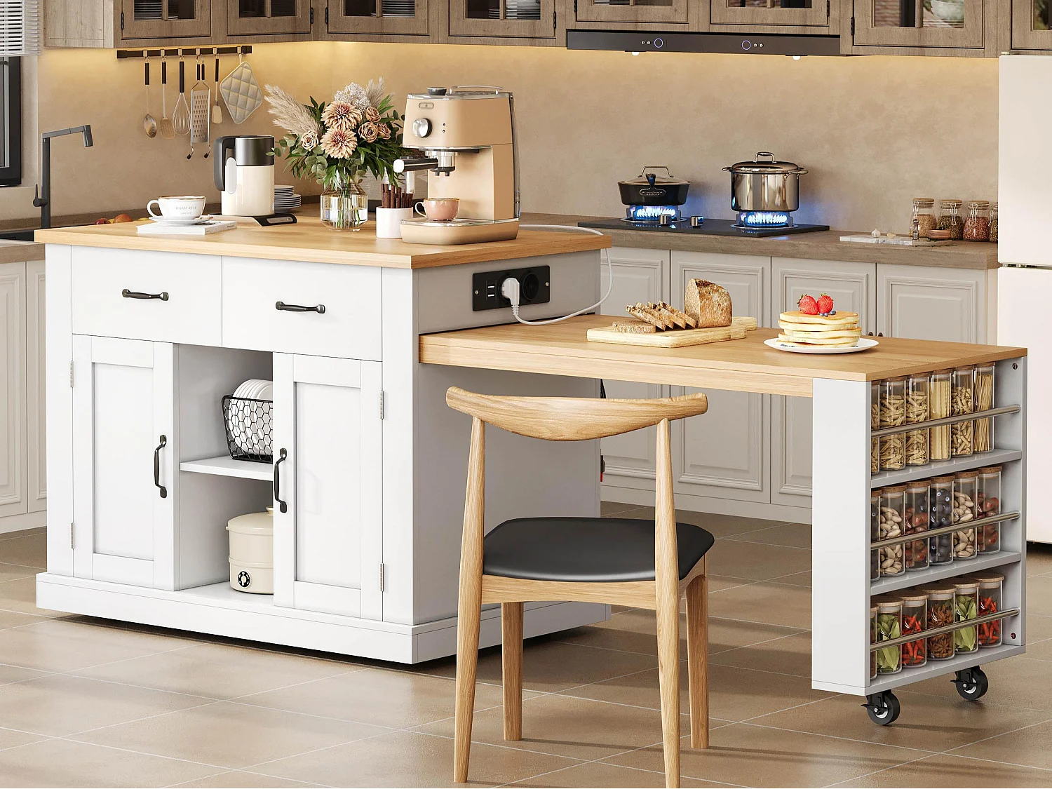 Îlot central de cuisine - table à manger extensible - avec prise de courant - avec roulettes et espace de rangement - Naturel + Blanc