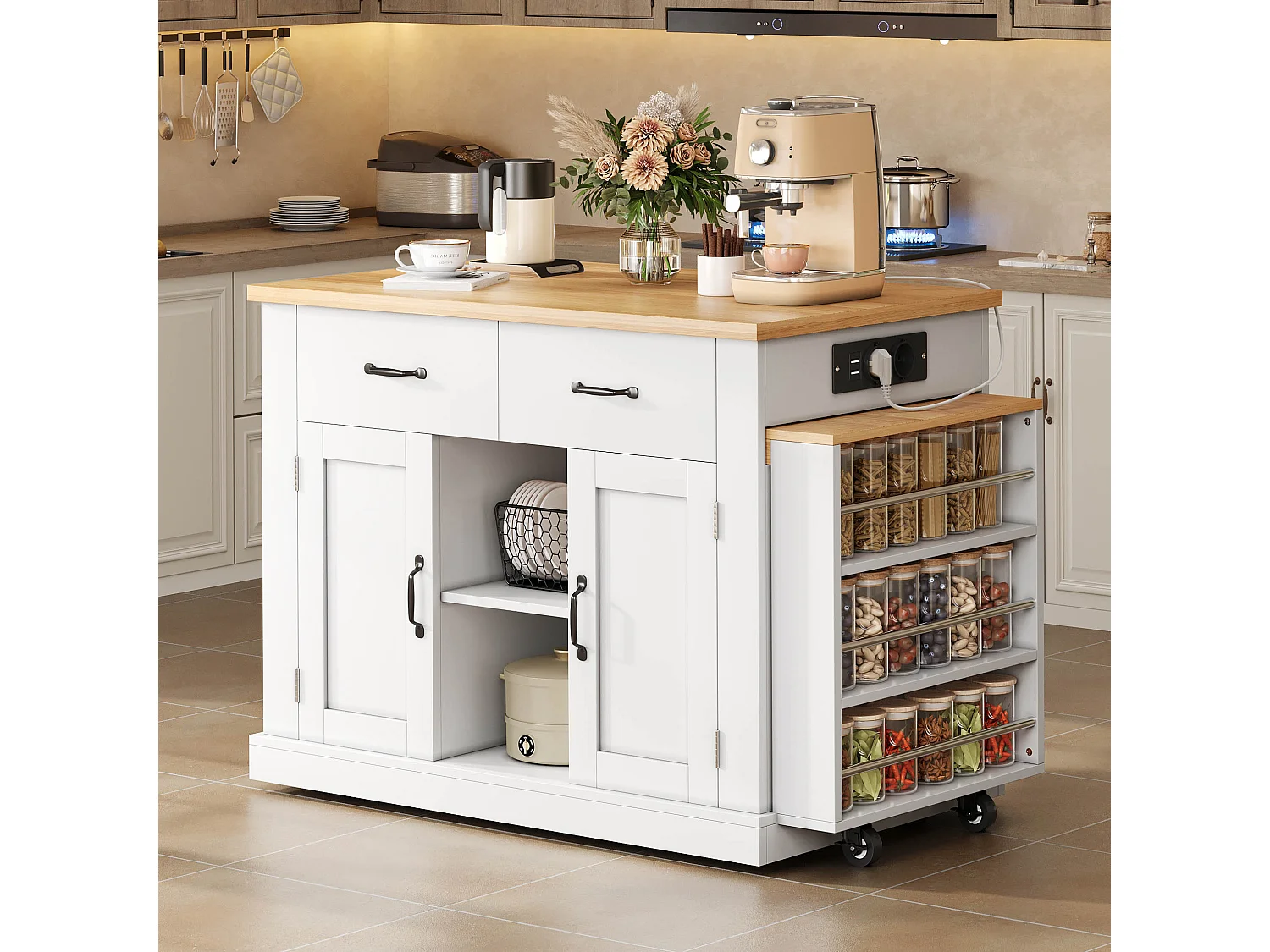 Îlot central de cuisine - table à manger extensible - avec prise de courant - avec roulettes et espace de rangement - Naturel + Blanc