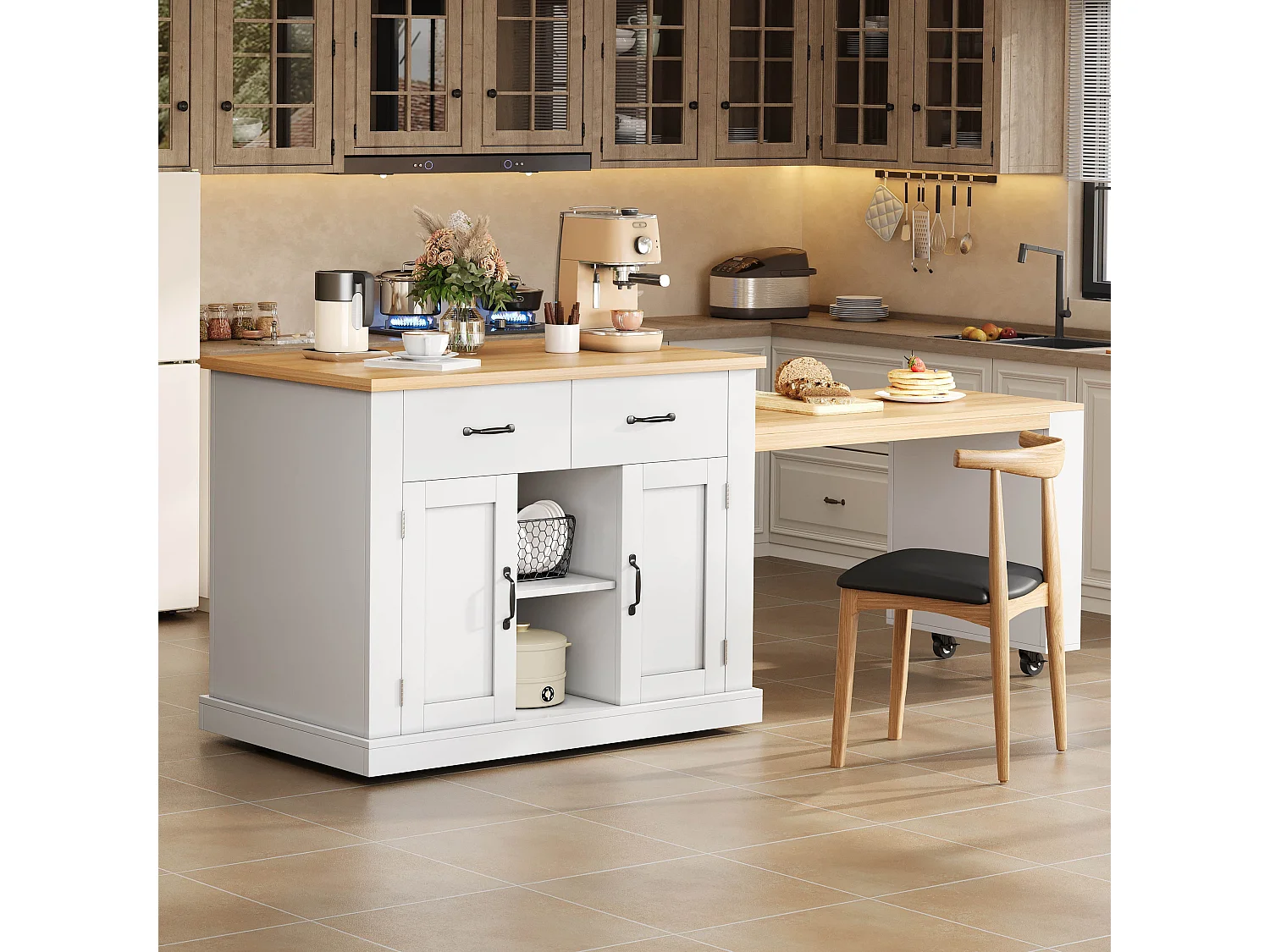 Îlot central de cuisine - table à manger extensible - avec prise de courant - avec roulettes et espace de rangement - Naturel + Blanc