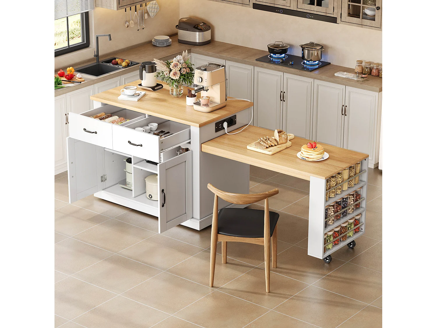 Îlot central de cuisine - table à manger extensible - avec prise de courant - avec roulettes et espace de rangement - Naturel + Blanc